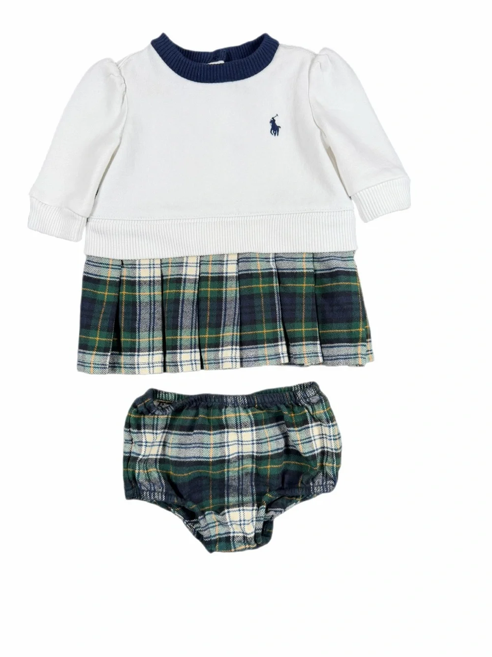 RALPH LAUREN Plaid Pleated Fleece Dress with Bloomers - 3M